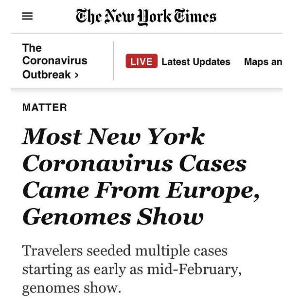 نيويورك تايمز: تفيد الدراسات الخاصة بالجينوم بأن أغلب حالات كوفيد-19 في نيويورك مصدرها أوروبي