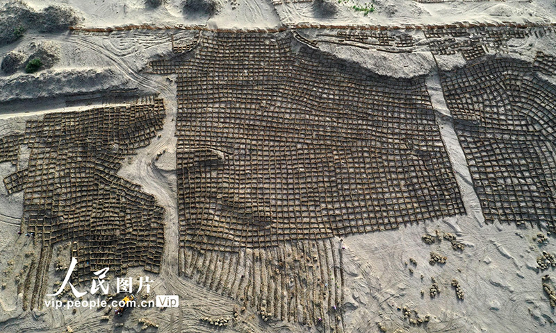 مشروع تثبيت الرمال على طول خط سكة حديد في صحراء تاكليماكان في شينجيانغ