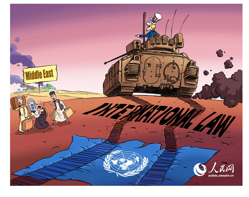 كاريكاتور: تصيح بالحرية والديمقراطية وحقوق الإنسان، ويداها ملطختان بدماء أهل الشرق الأوسط