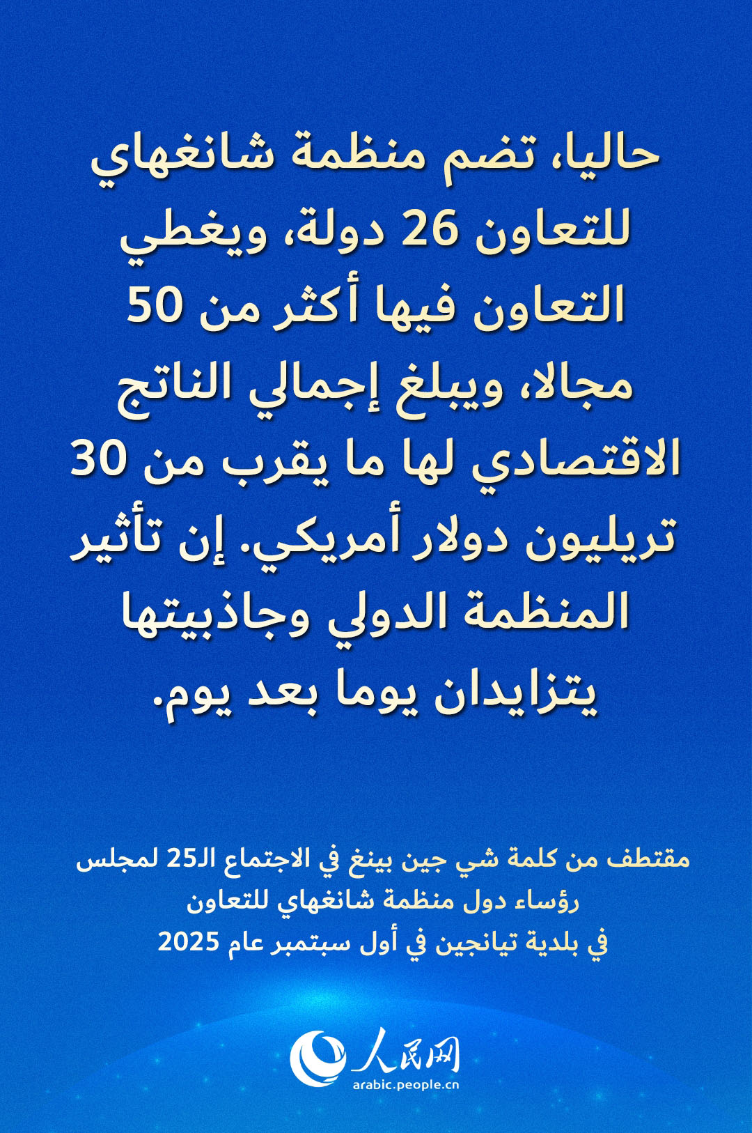 مقتطف من كلمة شي جين بينغ في الاجتماع الـ25 لمجلس رؤساء دول منظمة شانغهاي للتعاون في بلدية تيانجين